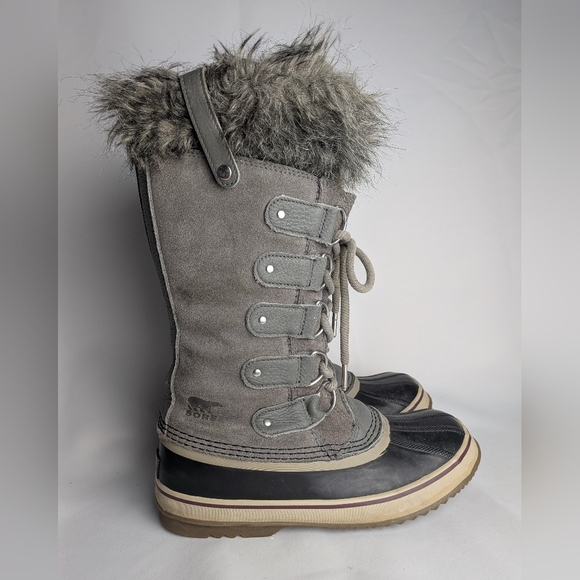 SOREL Women Winter Snow Boots Gray Suede Size 8 Faux Fur Lace Up Waterproof - Picture 2 of 10